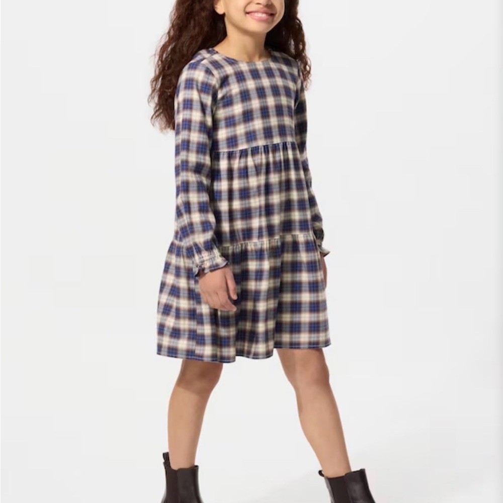 NWT Uniqlo kids GIRLS Checked Tiered Dress | Long Sleeve size 11/12